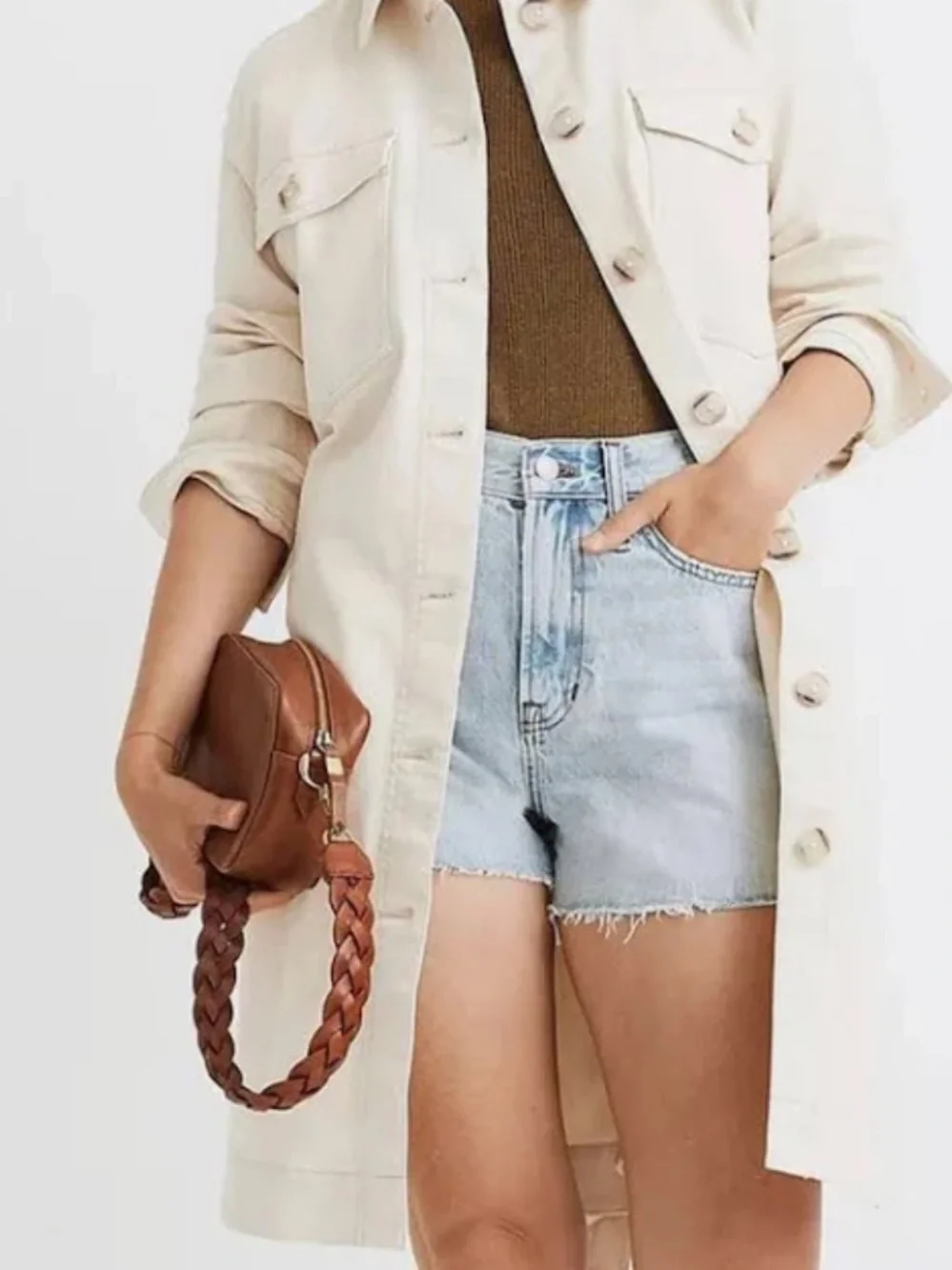 Chico’s White Denim Long Jacket Duster Size 1 Button Front Stretch Coat